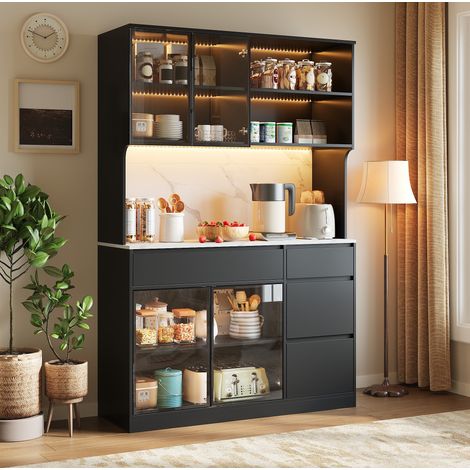 Meuble de rangement haut 120 x 40 x 180 cm avec LED, éléments en verre, MDF, noir et blanc, OKMYHOME (1/5)