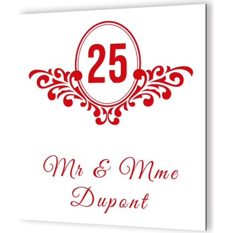 Plaque numéro maison extérieur personnalisable - Panneau Dibond aluminium blanc - Pictogramme rouge baroque - 20x20 cm épaisseur 3 mm (1/5)