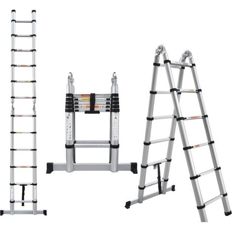 Teleskopierbare A-Stufenleiter 3,8m, 11 Stufen (4cm), Aluminium, Tragfähigkeit 150kg, stabil und tragbar