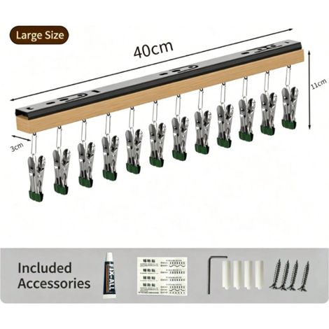 Rail à crochets extractible sous meuble avec pinces métalliques, rangement extractible pour penderie, organiseur à glissement silencieux pour chaussettes, sous‑vêtements et petits vêtements, grande ta (1/5)