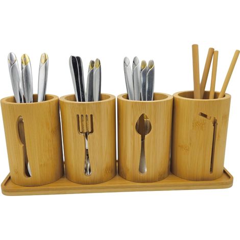 Ensemble 5 pièces Porte-couverts, Bambou naturel, Organiseur ustensiles, Plateau inclus, Cuisine Salle à manger