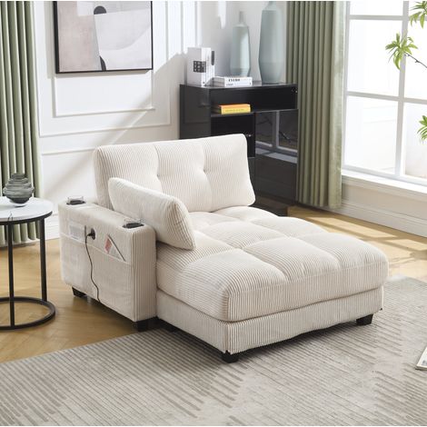 Sillón lounge de pana beige con portavasos, puerto USB y bolsillos laterales HAVRYA (1/5)