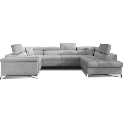 Canapé panoramique convertible TRIANO tissu - Coffre de rangement et têtières réglables-Gris clair-Coffre à droite (1/5)