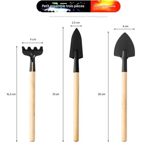 Ensemble d'outils de jardinage miniatures 3 pièces  Manche en bois ergonomique, outils pratiques pour plantation, désherbage et entretien de plantes d'intérieur (1/5)