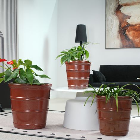 Set di 3 vasi da fiori in ceramica Ø 40,5/32/24 cm, finitura rosso-marrone lucida, con fori di drenaggio, adatti per uso interno ed esterno. (1/5)