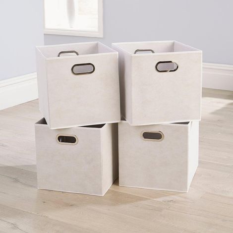 Large Off White Foldable Canvas Storage Folding Box Fabric Cube 4 Piece Set