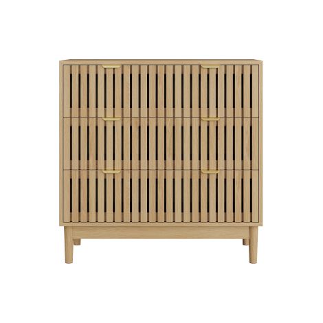 Commode 6 tiroirs à façade à lames verticales imitation chêne clair, poignées dorées, pieds en bois massif, dim 80×39×80cm, meuble de rangement multi-usage pour salon et entrée (1/5)
