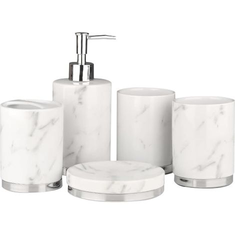 Badezimmerset mit Marmoroptik fünf Zahnbürsten und