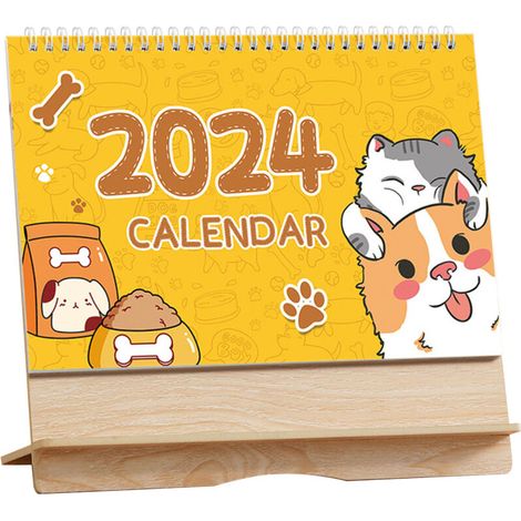 Schreibtischkalender aus Holz mit horizontalem Rahmen „Fröhliche, niedliche Haustiere“ 2024 – Cartoon, dekorativ und individuell gestaltbar fürs Büro