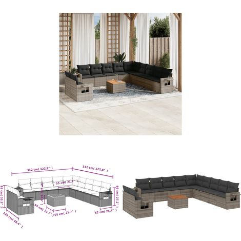 12-tlg. Garten-Sofagarnitur mit Kissen Grau Poly Rattan - Gartenmöbel Set - PE-Rattan Möbel - Outdoor Lounge - Esszimmergarnitur - Balkonmöbel - Home & Living (1/3)