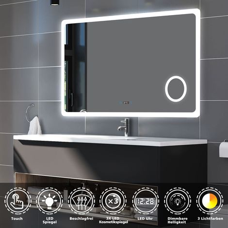 LED Badezimmerspiegel Badspiegel mit Beleuchtung Wandspiegel mit Touch, Antibeschlage, 3-Fach Lupe, Uhr, 3Farbe Dimmbar 2700-6500k, Doppelte Kontrolle IP44 140x80cm (1/5)