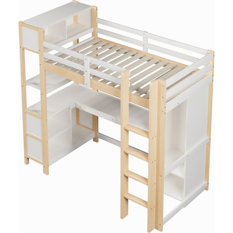 Lit mezzanine 90x200 cm, étagères, plusieurs niches de rangement, bureau, armoire, sans matelas, naturel (1/5)