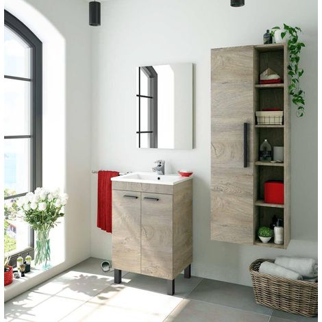 Meuble sous-vasque, Meuble de salle de bain, armoire 2 portes avec miroir, lavabo non inclus, 50x40h80 cm, Chêne (1/5)