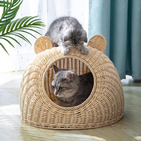 Lit chat beige avec tapis rafraîchissant, panier tressé respirant adapté à toutes les saisons. Surface confortable et entretien facile pour le bien-être quotidien des animaux. (1/5)