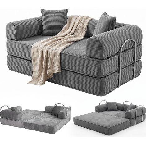 Canapé convertible 2 places modulable – Velours côtelé gris – Confort mousse haute densité – Dimensions 150x90x65.5 cm (1/5)
