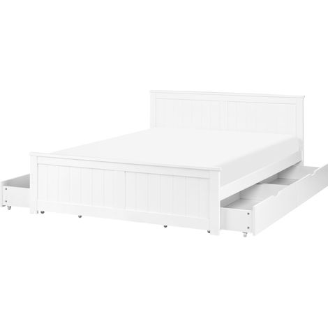 Bed Frame White Pine Wood MDF EU Double Size 4ft6 with Drawers Headboard Minimalist SABRAN