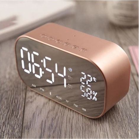 Radio réveil Bluetooth avec haut-parleur 2 3W – Thermomètre – Connexion AUX – Compatible USB – Couleur champagne – Portée 10m (1/4)