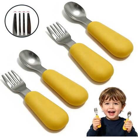 Juego de cubiertos para bebés: tenedor y cuchara，Tenedores y cucharas de acero inoxidable con mangos cortos de silicona，11,5 x 2,8 cm (1/5)