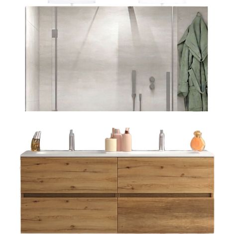 Mobile da Bagno Sospeso con Lavabo 120cm 2 Vasche e Specchio Bali Light Double Rovere Miele (1/2)