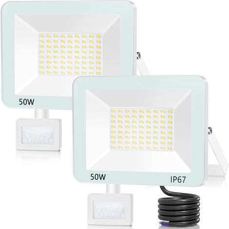 Projecteur LED Exterieur Detecteur de Mouvement 50W 5000lm, 2 Pièces Spot LED Extérieur Avec Detecteur Blanc Froid, IP67 Étanche Éclairage de Sécurité d'extérieur Pour Patio Garage Jardin