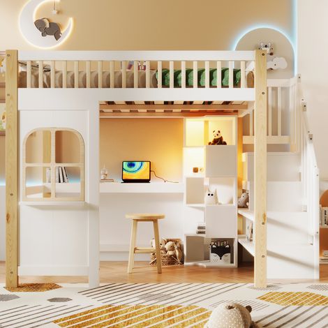 Lit mezzanine 140x200 avec bureau et led - pin massif - escalier rangement - design cabane - blanc et bois (1/5)