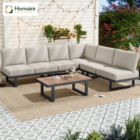 HOMAIRE Gartenmöbel-Set mit Loungesessel, Ecksofa, Outdoor-Relaxbett, Couchtisch, umwandelbar in Liegebett, aus verzinktem Stahl in graubeiger Farbe