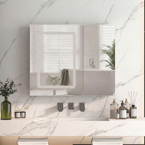 Armario de baño con 2 puertas y espejo LED, Armario de pared para baño, 70x13.5x60 cm, Armario espejo, Estante ajustable (1/5)