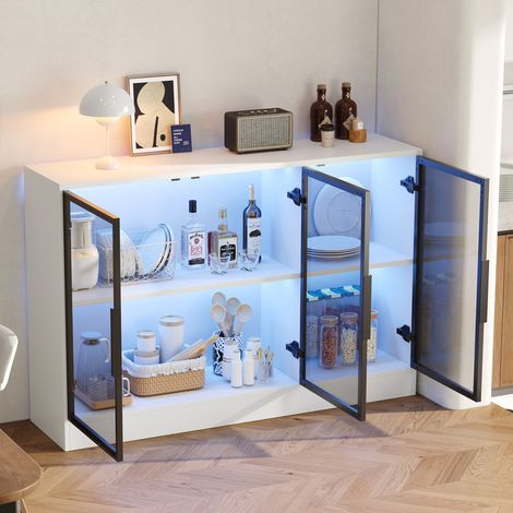 Vitrine en Verre Blanc avec LED et Façades en Verre Gris, Highboard Moderne 120x30x73 cm, Buffet Sideboard pour Salon et Salle à Manger (1/5)