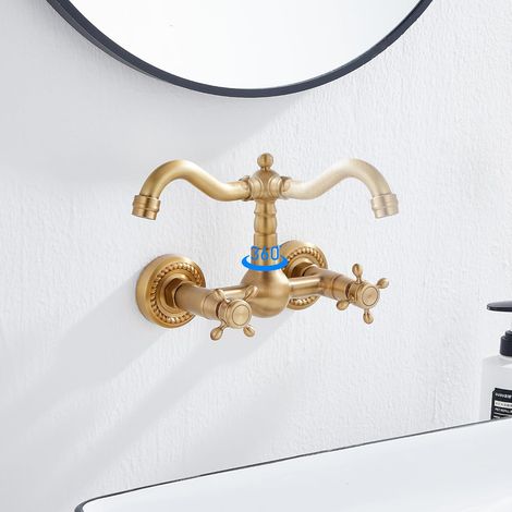 Rubinetto a parete per cucina e bagno con doppio beccuccio a croce, finitura ottone anticato, senza tubi - ALTRO (1/4)