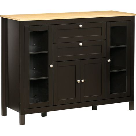 Schwarzes 120 cm breites Sideboard mit Glastüren, Schubladen und verstellbarem Einlegeboden.