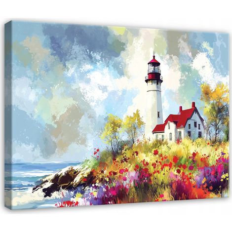 Leinwandbild Leuchtturm und Meereslandschaft, Natur Wanddeko für Schlafzimmer und Wohnzimmer, hochauflösender Druck, 40 x 30 cm