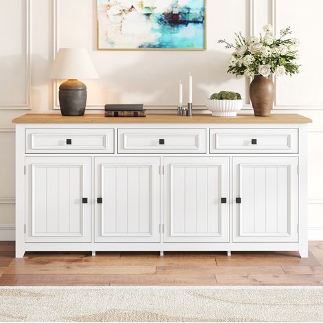 Aparador 160x35x76 cm blanco y efecto madera en MDF con 3 cajones, 4 puertas y estantes ajustables (1/5)