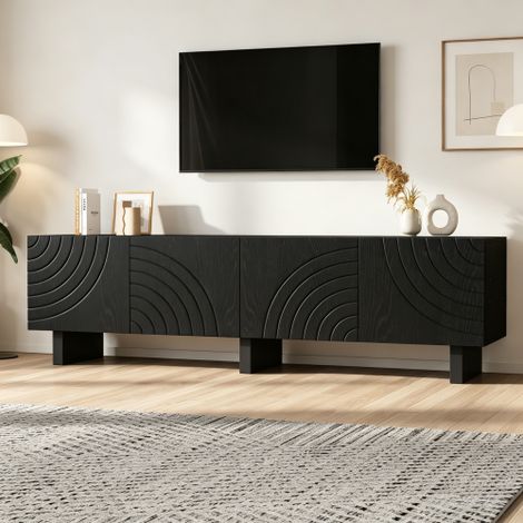 Mobile porta TV nero in truciolato, dimensioni 180 × 40 × 55 cm. Mobile basso moderno con struttura per soggiorno, dotato di 4 ante, supporto per TV e vano contenitore. Adatto per TV da 75 pollici. (1/5)