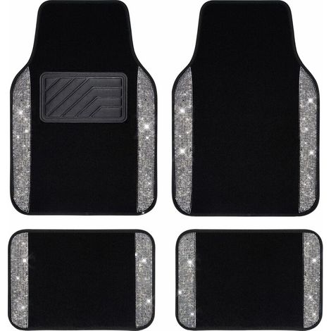 Tapis de sol de voiture avec strass brillants et diamants brillants avec talon antidérapant en PVC universel pour SUV, berline, voiture, camionnette, 4 pièces pour fille et femme (argenté noir) (1/5)