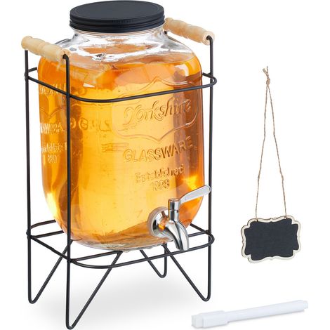 Relaxdays Getränkespender mit Ständer, Limobehälter 5L, Edelstahl Zapfhahn & Deckel, Wasserspender, Glas, transparent