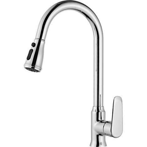 Kitchen Tap with Pull Down Sprayer, High Arc Gooseneck Kitchen Sink Faucet, Single Handle Stainless Steel Mixer Tap (Electroplated brass) (1/5)