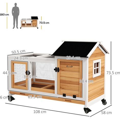 Clapier mobile à roulettes pour lapins nains et cobayes, 108x58x73,5 cm, teinte jaune, enclos spacieux avec abri extérieur. (1/4)