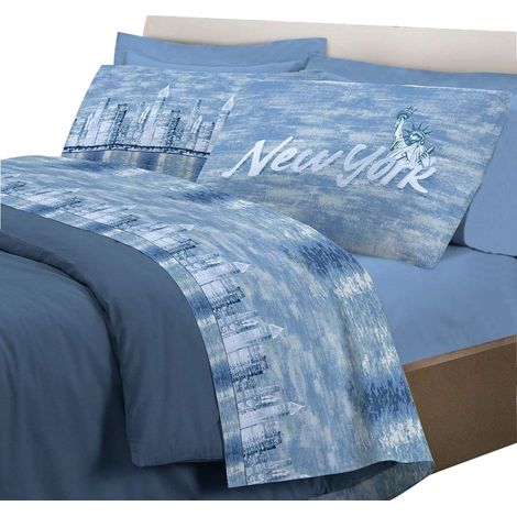 Completo letto lenzuola, stampa digitale New york 100% cotone, made in italy Blu - Piazza e mezza