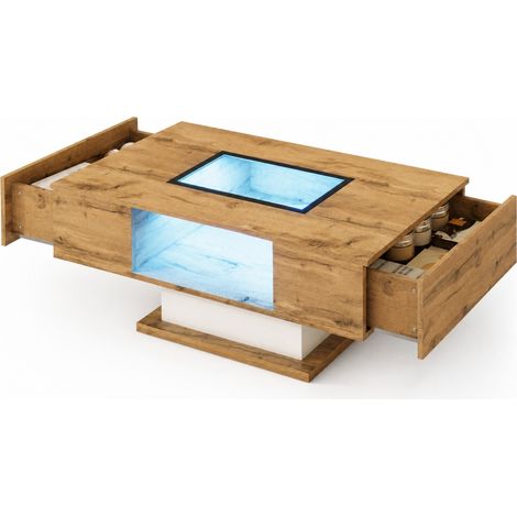 Table basse avec LED multicolore réglable, plateau en verre et 2 tiroirs, meuble de salon avec rangement ouvert, blanc et bois clair, style moderne, CHICFURN (1/5)