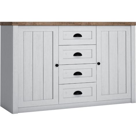Buffet Léandre mit 4 Schubladen und 2 Türen, Weiß und Holzoptik, 130.2cm