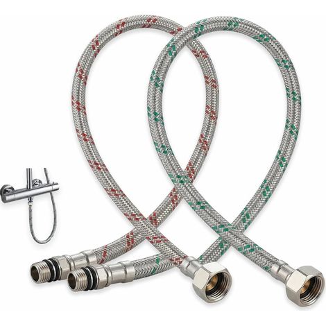 2 x Flexible Kitchen Tap Hose 60 cm G1/2 x M10, Stainless Steel, Flexible Sink Shower Head for Kitchen (Red and Blue) (1/5)