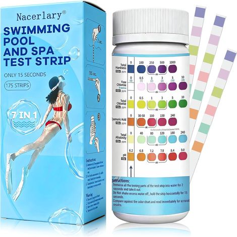 7 en 1 Bandelettes Test pour Piscine et Spa, 175 Tests Rapides, tester chlore libre, le chlore total, le brome, la dureté totale, l’alcalinité totale, l’acide cyanurique et le pH (1/5)