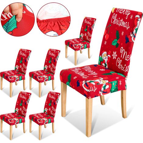 Randaco Housses de chaises Noël,6 pcs housses de chaises Noël,Stretch amovible lavable pour chaises de salle à manger,Chaise Stretch avec élastique,Rouge (1/5)