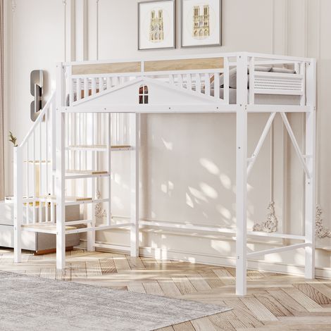 Lit mezzanine 90x200cm - lit enfant en métal avec fenêtre, échelle - blanc (1/5)