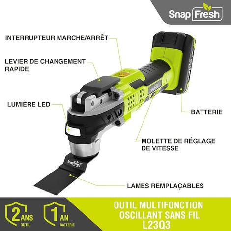 Outil Multifonction Oscillant Sans Fil, 6 Vitesses Réglables, Batterie 2,0 Ah Chargeur Rapide, 3,2° Angle d'Oscillation, 20 Accessoires Ponçage, Découpe Grattage (1/4)