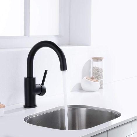 Mitigeur lavabo noir mat à bec haut pivotant 360° – Acier inoxydable 304 – Installation facile avec tuyaux flexibles – Pour salle de bain et cuisine – Faustina (1/5)