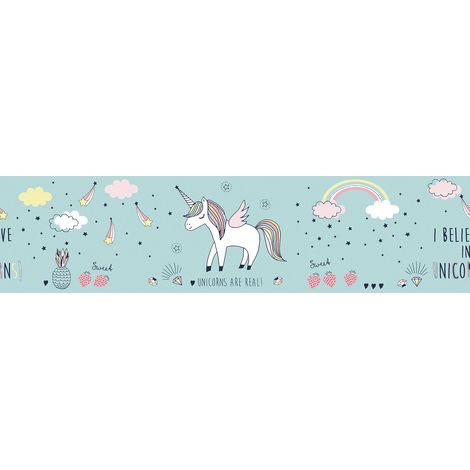 Frise papier peint bleue pour enfant | Frise papier peint enfant licorne | Frise papier peint pour décorer une chambre de fille - 5,00 x 0,155 m