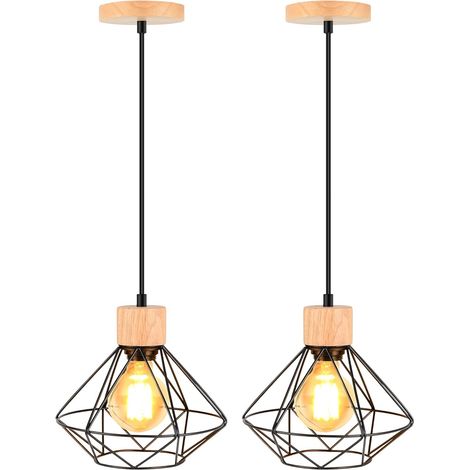 2pcs Suspension Luminaire E27 Métal Bois Design Rétro Pour Salon Cuisine Chambre (1/5)