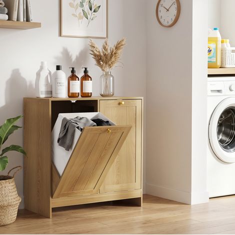 Mobile biancheria basculante con 2 cesti rimovibili, contenitore per bagno, MDF effetto rovere (1/5)