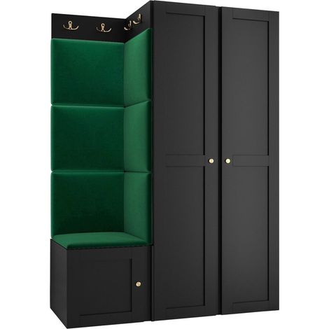 Meuble d'entrée Hartford 379, Noir, 186x116x46cm, MDF, Stratifié, Tissu, Murale, À poser
